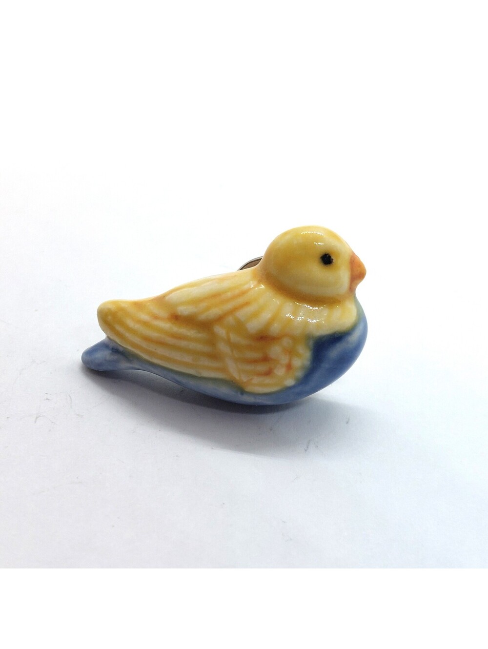Vintage Ceramic Bird Pin Hand Painted Yellow Blue Porcelain Songbird Lapel